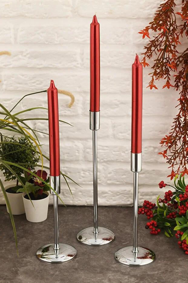 Gianno Dekoratif Düz Tij Mumluk 3 Lü Takım Gold-Gümüş